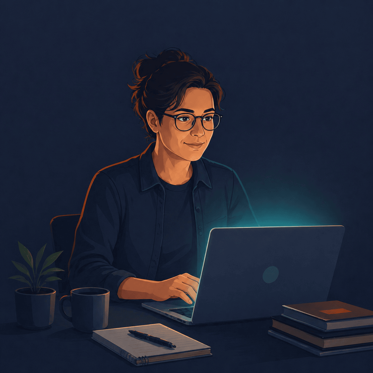 Teacher using ClassWatcher at their desk, laptop glowing teal