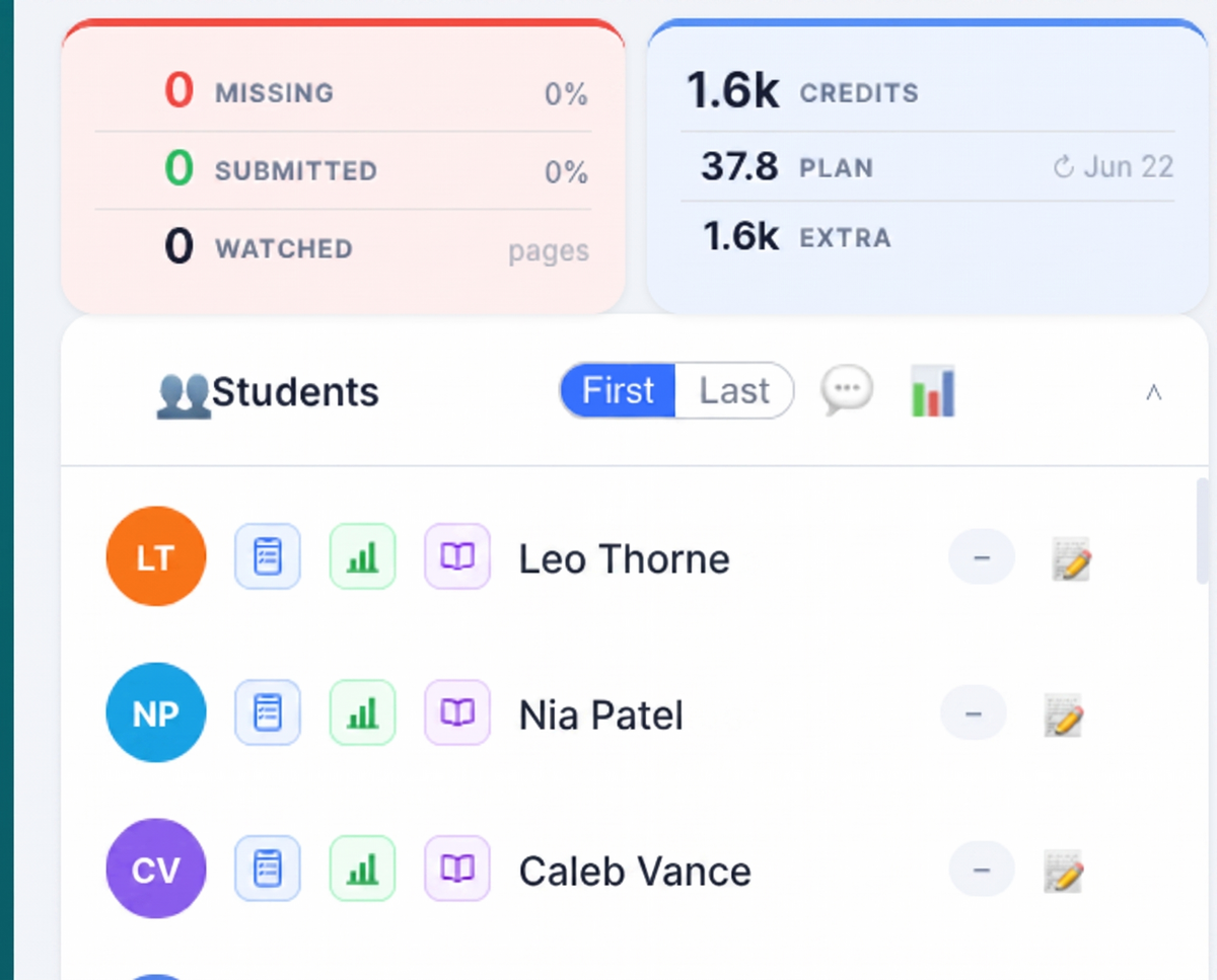 ClassWatcher student row showing one-click links to Quiz Progress, Class Progress, and Portfolio