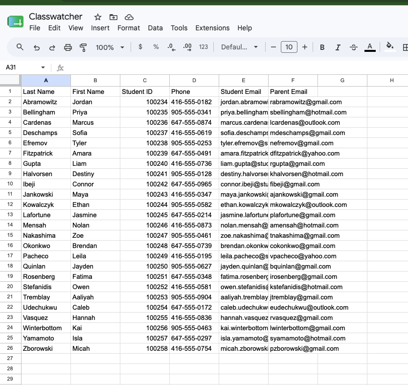 Google Sheets Class List tab showing student names and contact info