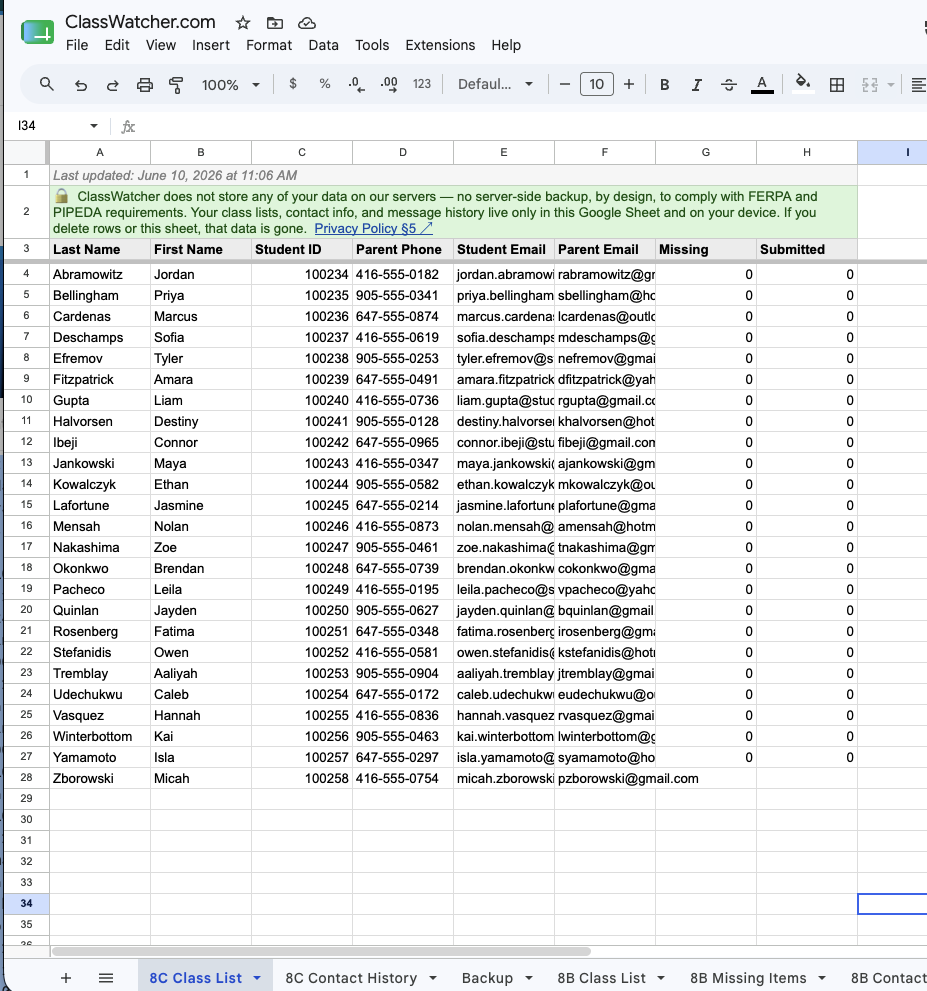 Google Sheets showing ClassWatcher student contact info for bulk editing