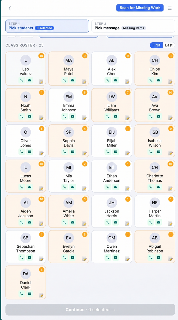 ClassWatcher Messaging Console showing student recipient selection