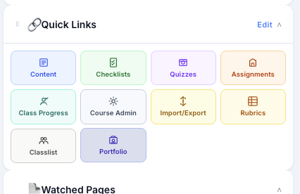 ClassWatcher Quick Links showing one-click shortcuts to Brightspace pages