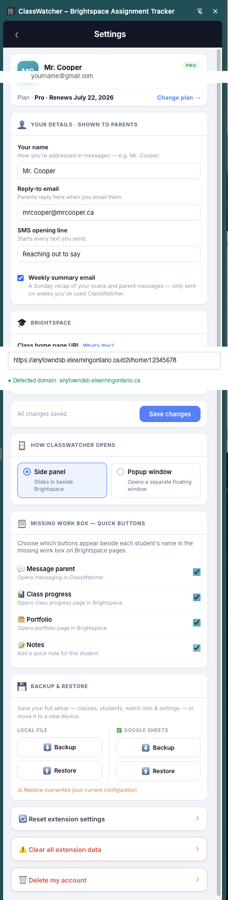 ClassWatcher Settings screen showing teacher name, Brightspace URL, and other options